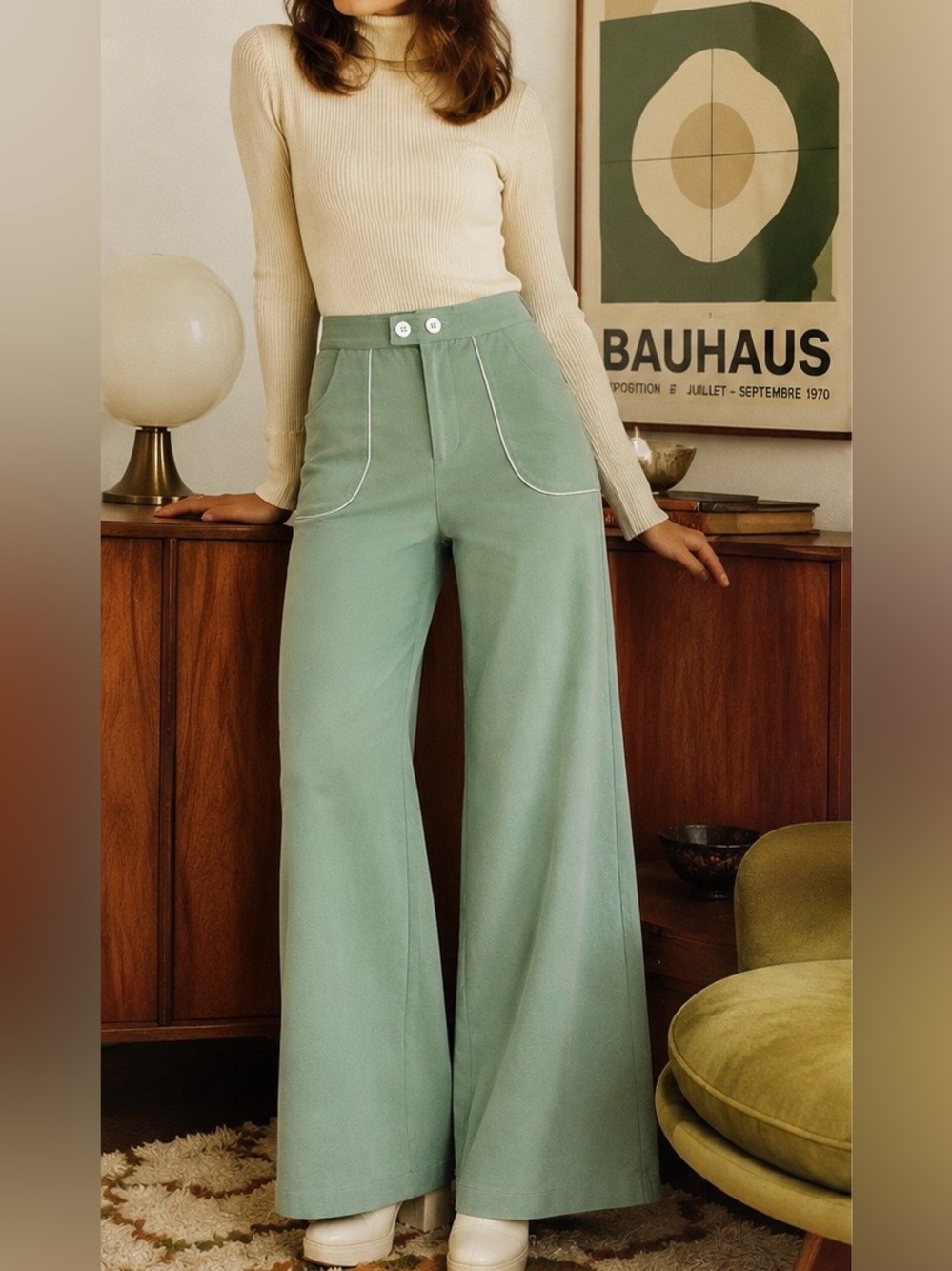 ModCloth Outlined Delight Wide Leg Pants Size 6 Mint Green High Rise Retro 70s